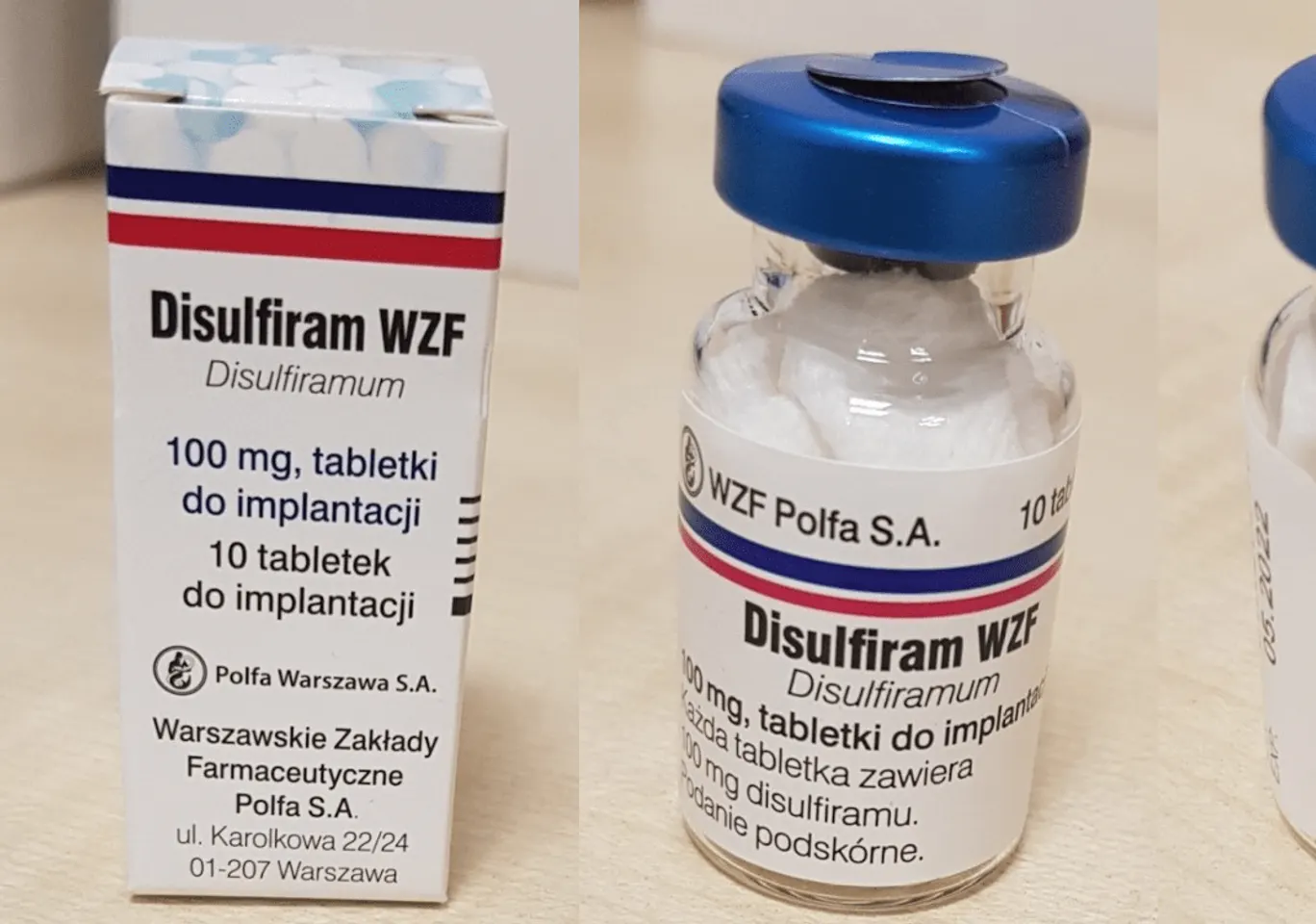 Wszywka alkoholowa Esperal Goleniów: fiolka disulfiramu obok opakowania leku